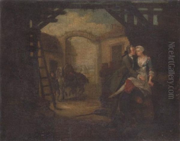 A Couple Courting In A Yard With A Man Spying, A Groom With Two Horses In The Background - view 1