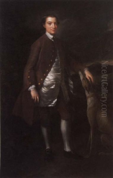 Portrait Of A Young Man In A Brown Coat And White Satin Waistcoat, In A Landscape, A Lurcher At His Side - view 1