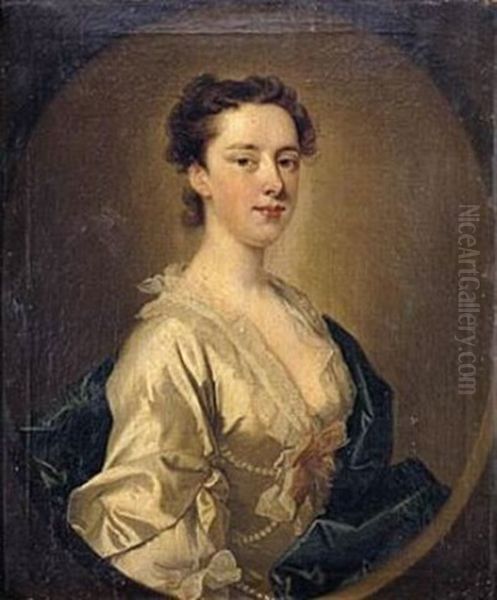 Portrait Of A Lady, Wearing A Cream Silk Dress, The Bodice Wound With Pearls - view 1