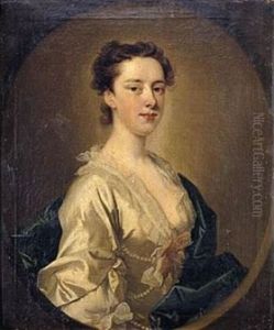 Portrait Of A Lady, Wearing A Cream Silk Dress, The Bodice Wound With Pearls by Joseph Highmore