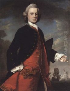 Portrait Of A Gentleman Wearing A Blue Coat And Scarlet Waistcoat, A Naval Engagement Beyond