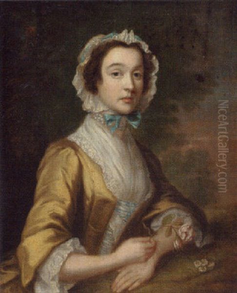 Portrait Of A Lady In A Yellow Dress And Blue-ribboned Lace Bonnet Holding A Rose In A Landscape - view 1