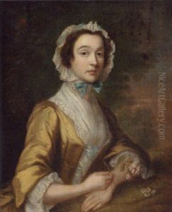 Portrait Of A Lady In A Yellow Dress And Blue-ribboned Lace Bonnet Holding A Rose In A Landscape