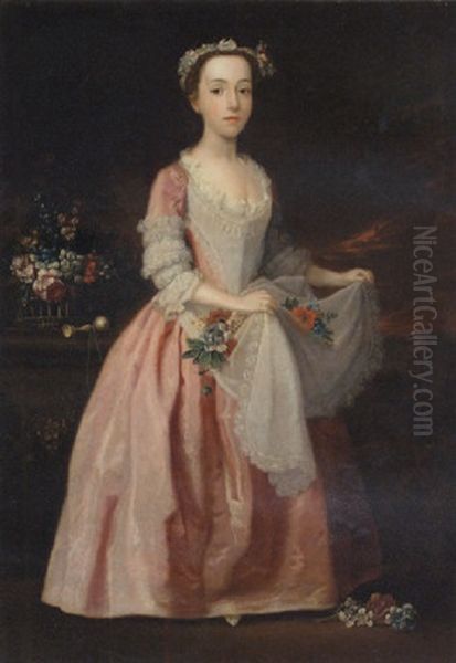 Portrait Of A Girl, Standing, In A Pink Dress With Lace Trimmings, Gathering Flowers - view 1