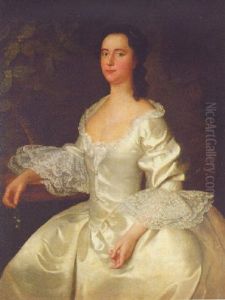 Portrait Of A Lady In A White Satin Dress With Lace Cuffs, Holding A Sprig Of Orange Blossom by Joseph Highmore