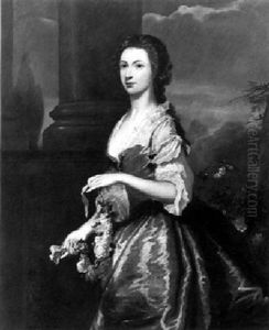 Portrait Of A Lady Wearing A Blue Gown And Holding A Garland Of Flowers, Standing Before A Column In A Landscape