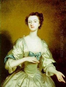 Portrait Of A Young Lady, In A White Satin Dress With A Blue Bow by Joseph Highmore