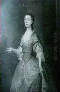 Portrait Of A Lady, Said To Be Miss Meynell, Standing Three-quarter Length Wearing A Blue Dress... by Joseph Highmore