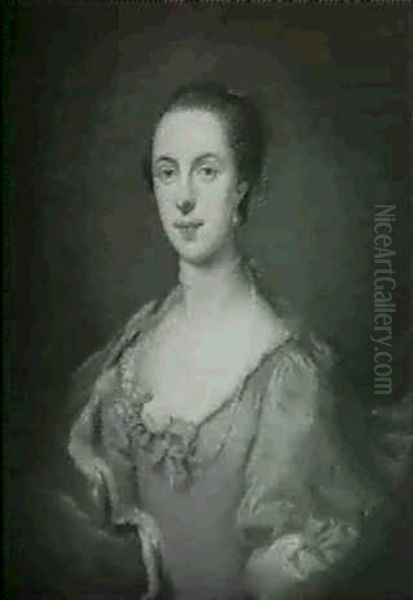 Portrait Of A Lady, Half Length, Wearing A Blue And White Dress With A Fur-lined Cloak, In A Painted Cartouche - view 1