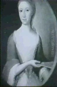 Portrait Of A Lady, Half Length, Wearing, A White Lace      And Red Dress And Holding A Fan