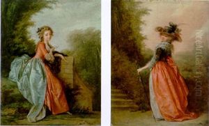 A Lady Seated By A Stone Plinth Holding A Handkerchief And A Fan