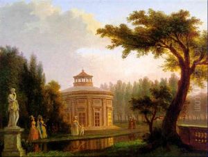 Park Landscape With A Pavilion And Couples Strolling By A Stream by Jean-Baptiste Hilaire