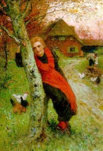 Vertraumtes Landmadchen, An Einen Birkenstamm Gelehnt by Ernst Hildebrand