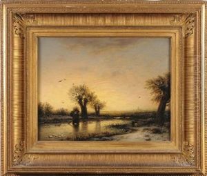 Winter Abend - A Frozen Winter Landscape, A Woman Carrying Faggots, Distant View To A Town Beyond