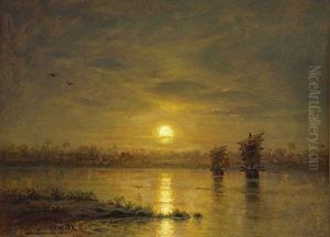 Dschunken Auf Dem Cantonfluss In China Bei Sonnenuntergang