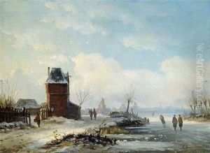 Winterliche Kanallandschaft Mit Blick Auf Eine Hollandische Stadt