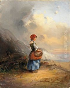 Madchen Mit Korb An Einer Kuste by Eduard Hildebrandt