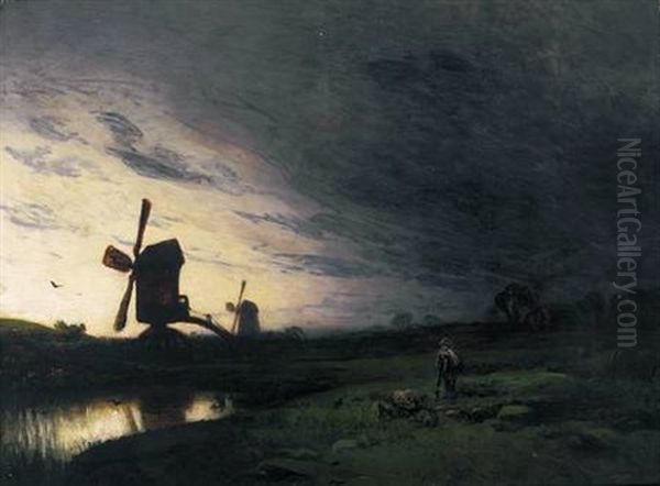 Schafer Mit Seiner Herde In Abendlicher Weidelandschaft - view 1