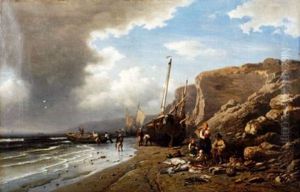 Groupe De Barques Et Pecheurs Au Pied De Falaises Normandes