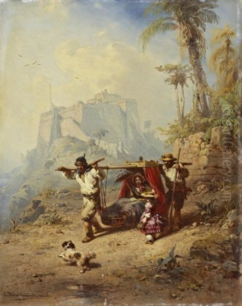 Die Liegesanfte. Vornehme Dame Lasst Sich, Begleitet Von Ihrer Tochter, Durch Eine Sudliche Berglandschaft Tragen - view 1