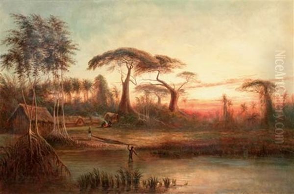 A Riverside Village In The Jungle At Sunset - view 1