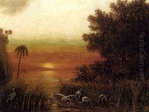 South American Landscape With Storks By A Lake At Sunset