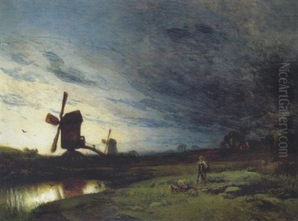 Hirte Vor Weiter Landschaft Mit Windmuhlen Und Gehoft, In Der Dammerung - view 1