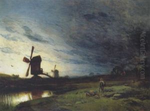 Hirte Vor Weiter Landschaft Mit Windmuhlen Und Gehoft, In Der Dammerung
