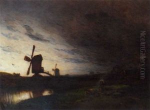 Windmills In A Dutch Landscape by Eduard Hildebrandt