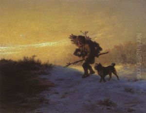Kleiner Reisigsammler Mit Seinem Hund Kleiner Reisigsammler Mit Seinem Hund