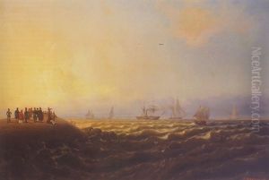 Aufsehen Erregende Einfahrt Einer Russischen Radkorvette In Den Hafen Von Swinemunde by Eduard Hildebrandt