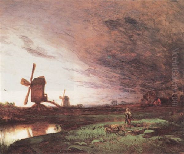 Hirte Vor Weiter Landschaft Mit Windmuhlen Und Gehoft - view 1