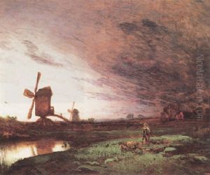 Hirte Vor Weiter Landschaft Mit Windmuhlen Und Gehoft by Eduard Hildebrandt
