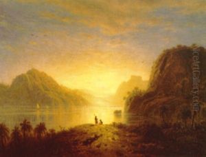 A Tropical Landscape With The Sun Setting Over A Lake And Figures On A Hilltop by Eduard Hildebrandt