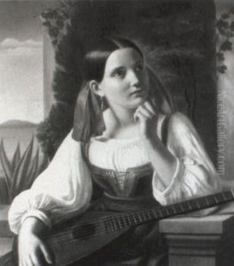 Junge Italienerin Auf Br_stung Sitzend Mit Mandoline Auf Dem Schos by Ferdinand Theodor Hildebrandt