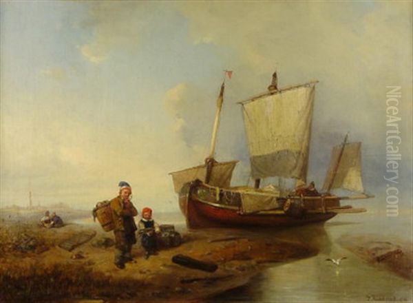 An Der Ostseekuste. Fischersleute Bei Vor Anker Liegendem Plattbodenschiff - view 1