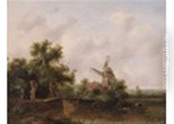 Figures In A Punt On A River, A Windmill Beyond - view 1