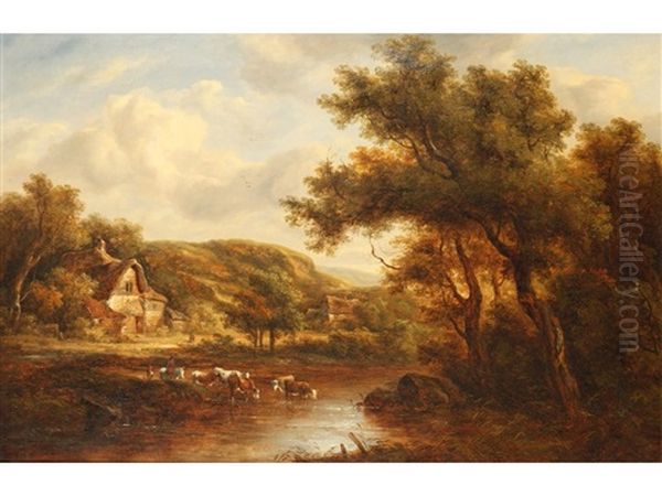Cattle Watering Beside A Cottage In A Wooded Landscape - view 1
