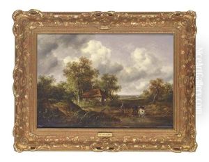 A Wooded Landscape With A Woodsman Watering Cattle At A Pond