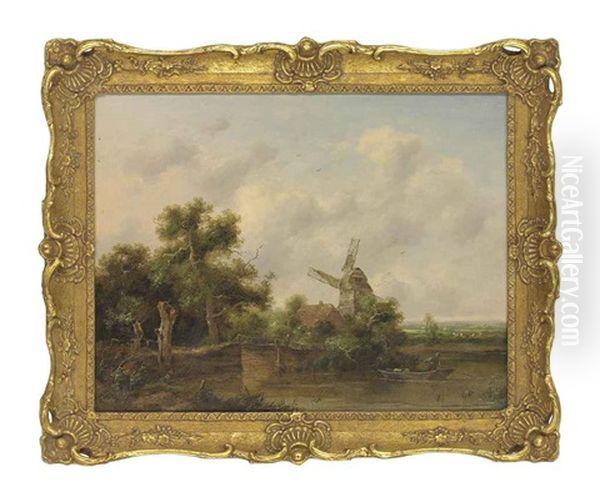 A River Landscape With A Man Punting, A Windmill Beyond - view 1