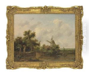 A River Landscape With A Man Punting, A Windmill Beyond by Richard H. Hilder