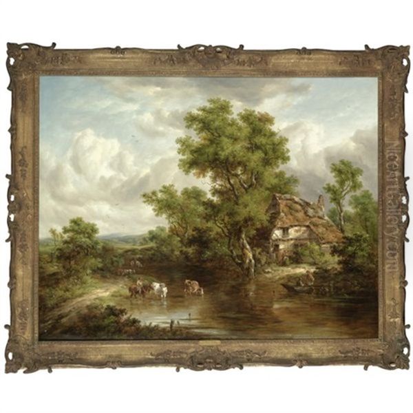 A Cottage With Figures And Livestock By A River, Surrey - view 1