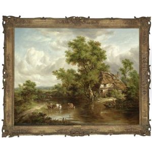 A Cottage With Figures And Livestock By A River, Surrey by Richard H. Hilder