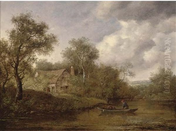 A Fisherman In A Rowing Boat On A River, A Cottage Beyond - view 1