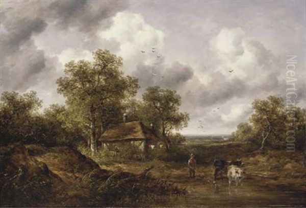 Cattle And A Herder In A Landscape, With A Cottage Beyond - view 1