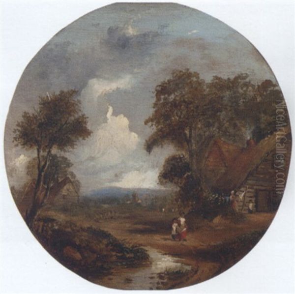 Figures Outside A Thatched Cottage, Children Playing Next To A Stream Nearby - view 1
