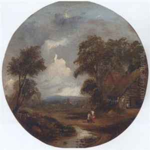 Figures Outside A Thatched Cottage, Children Playing Next To A Stream Nearby by Richard H. Hilder
