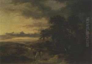 Extensive Country Landscape At Dusk With Figure And Horses In The Foreground Extensive Country Landscape At Dusk With Figure And Horses In The Foreground