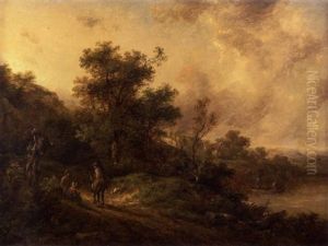 A Wooded River Landscape With Figures On A Country Path by Richard H. Hilder
