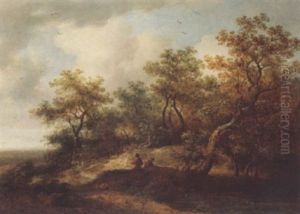 Woodland Landscape With Pond And Figures by Richard H. Hilder